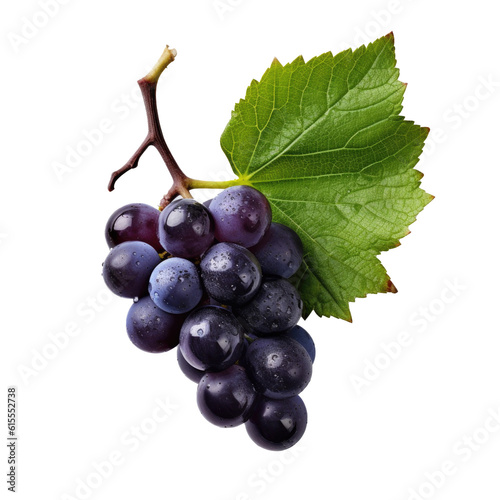 Black grapes with leaves isolated on transparent background