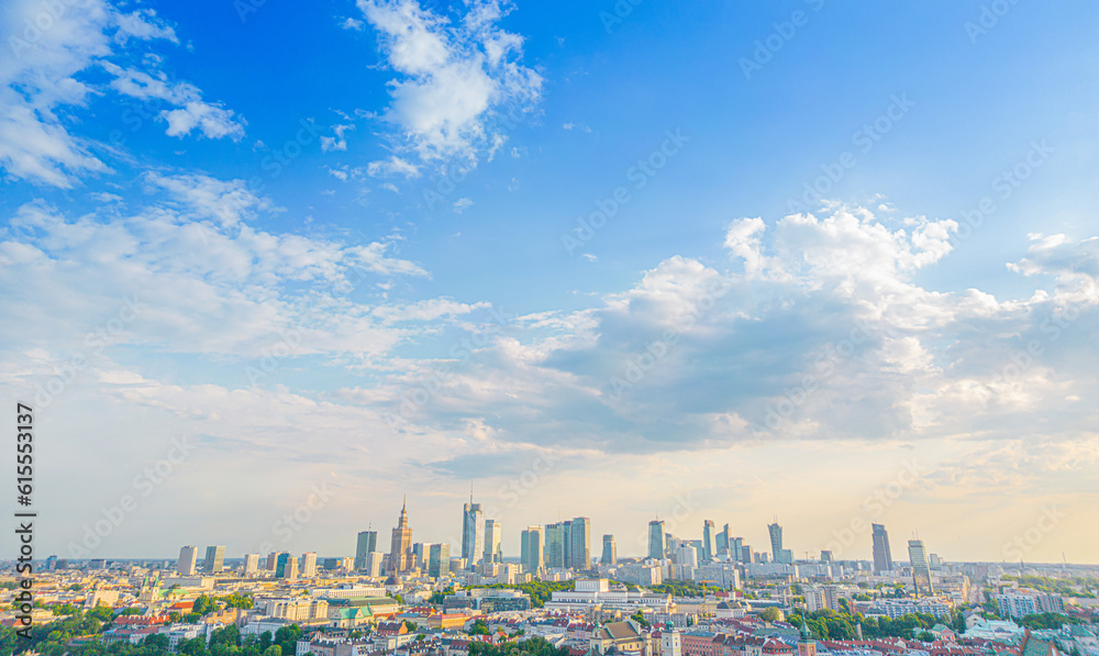 Aerial panorama of Warsaw, Poland over the Vistual river and City center in a distance. Downtown skyscrapers cityscape. Business Aerial panorama of Warsaw, Poland over the Vistual river and City center in a distance. Downtown skyscrapers cityscape. Business