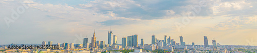 Aerial panorama of Warsaw, Poland over the Vistual river and City center in a distance. Downtown skyscrapers cityscape. Business © netsay
