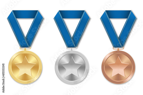 Golden silver and bronze award sport medal with blue ribbons and star
