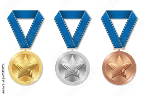 Golden silver and bronze award sport medal with blue ribbons and star