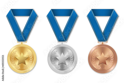 Golden silver and bronze award sport medal with blue ribbons and star