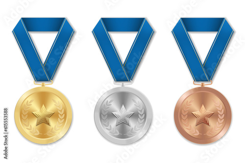 Golden silver and bronze award sport medal with blue ribbons and star
