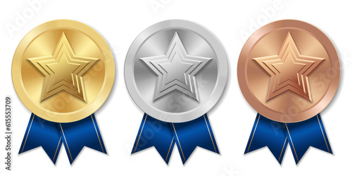 Golden silver and bronze award sport medal with blue ribbons and star