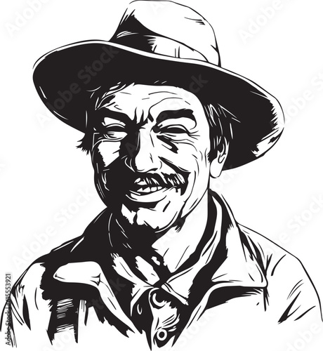 Hand drawn portrait of a farmer in a hat Vector Illustration, SVG