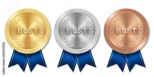 Golden silver and bronze BEST award sport medal with blue ribbons
