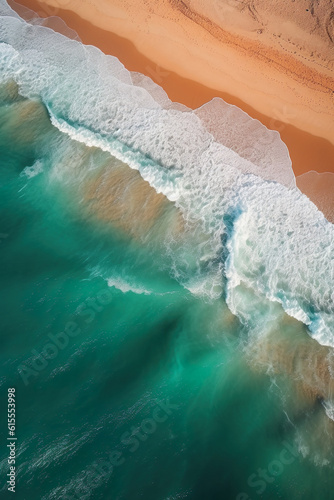 Australien bird-eye beach view, Aerial Marvel: Photographic Close-Up Flying Over the Ocean and Beach - An Orange and Emerald Australian Landscapes, Pink and Aquamarine Birds-Eye View