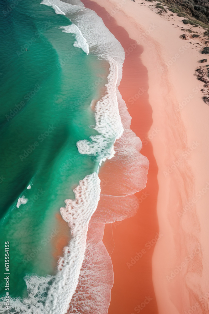 Australien bird-eye beach view, Aerial Marvel: Photographic Close-Up Flying Over the Ocean and Beach - An Orange and Emerald Australian Landscapes, Pink and Aquamarine Birds-Eye View