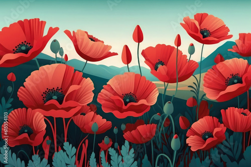 illustration of red flower poppy field banner background