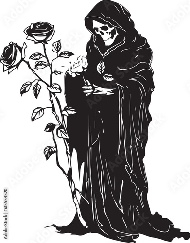 Принти на полотні Death with roses, Grim Reaper, Skeleton in black robe Vector Illustration, SVG