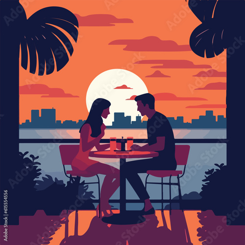 A couple on a date in a restaurant. Sunset. Kiss. Set of vector illustrations. Flat design. Typography. Background for a poster