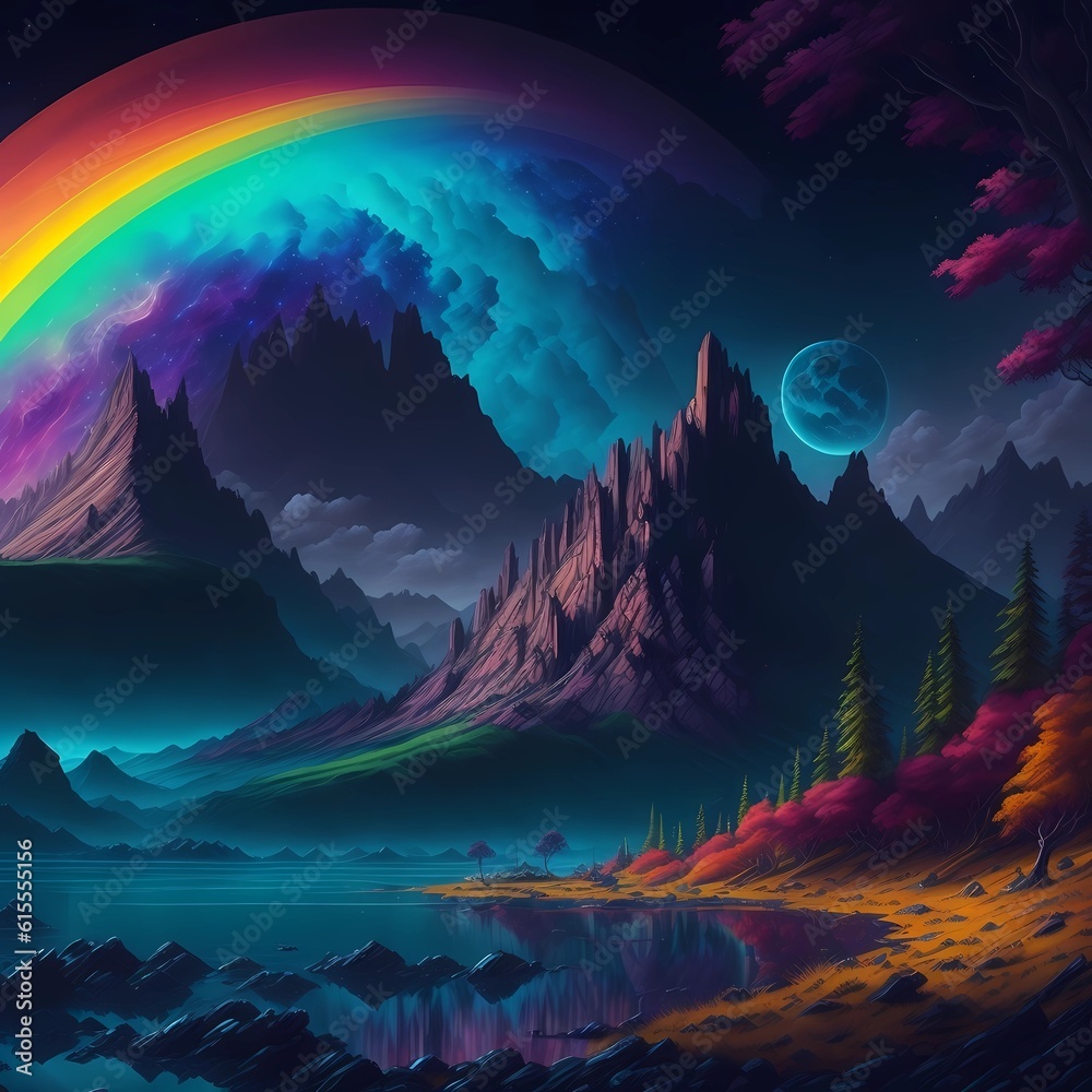 Experience the enchantment of a breathtaking fantasy realm. Immerse yourself in a vibrant, sprawling landscape adorned with a mesmerizing rainbow of colors. Let the radiant glow of the full moon guide
