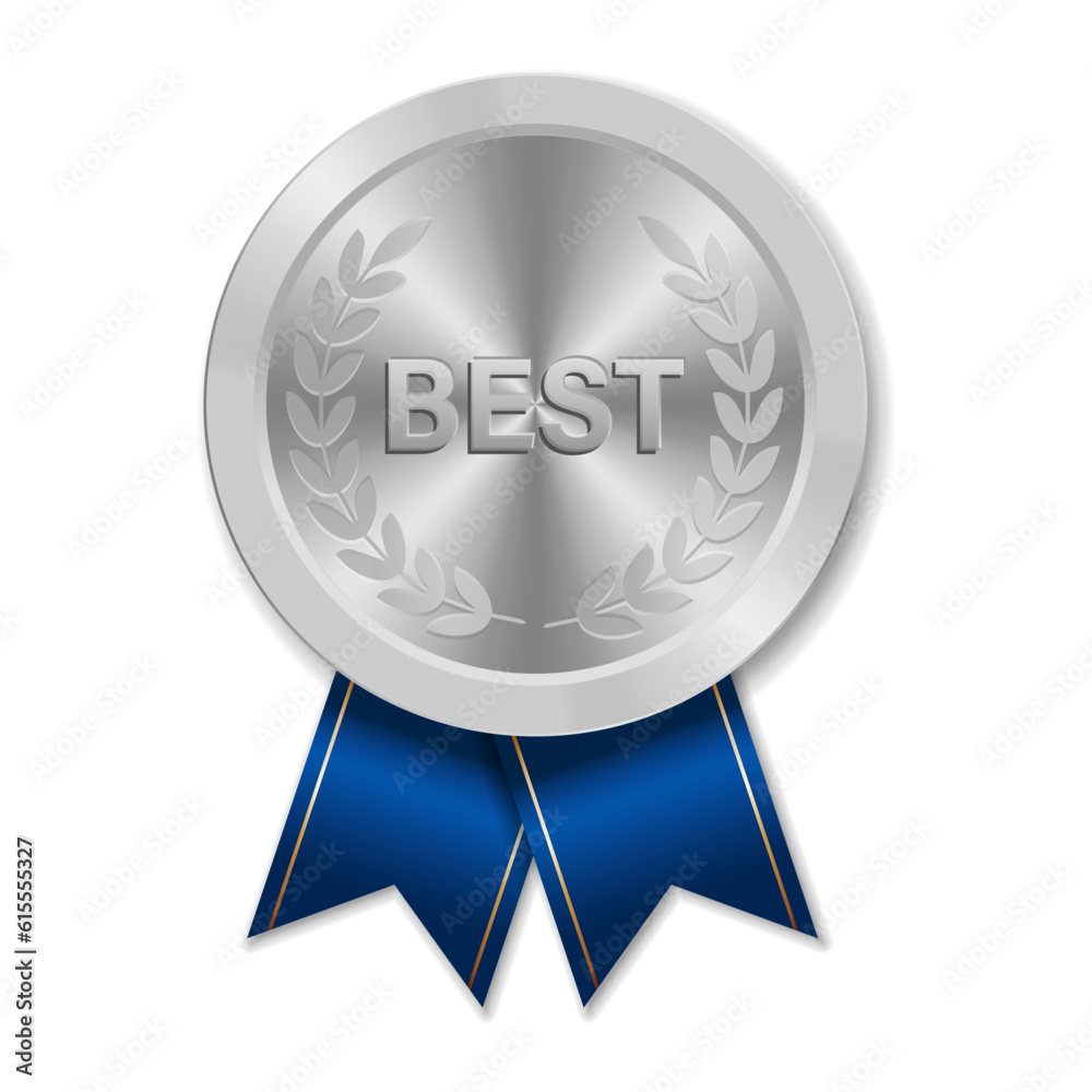 Silver BEST award sport medal for winners with blue ribbon Silver BEST award sport medal for winners with blue ribbon