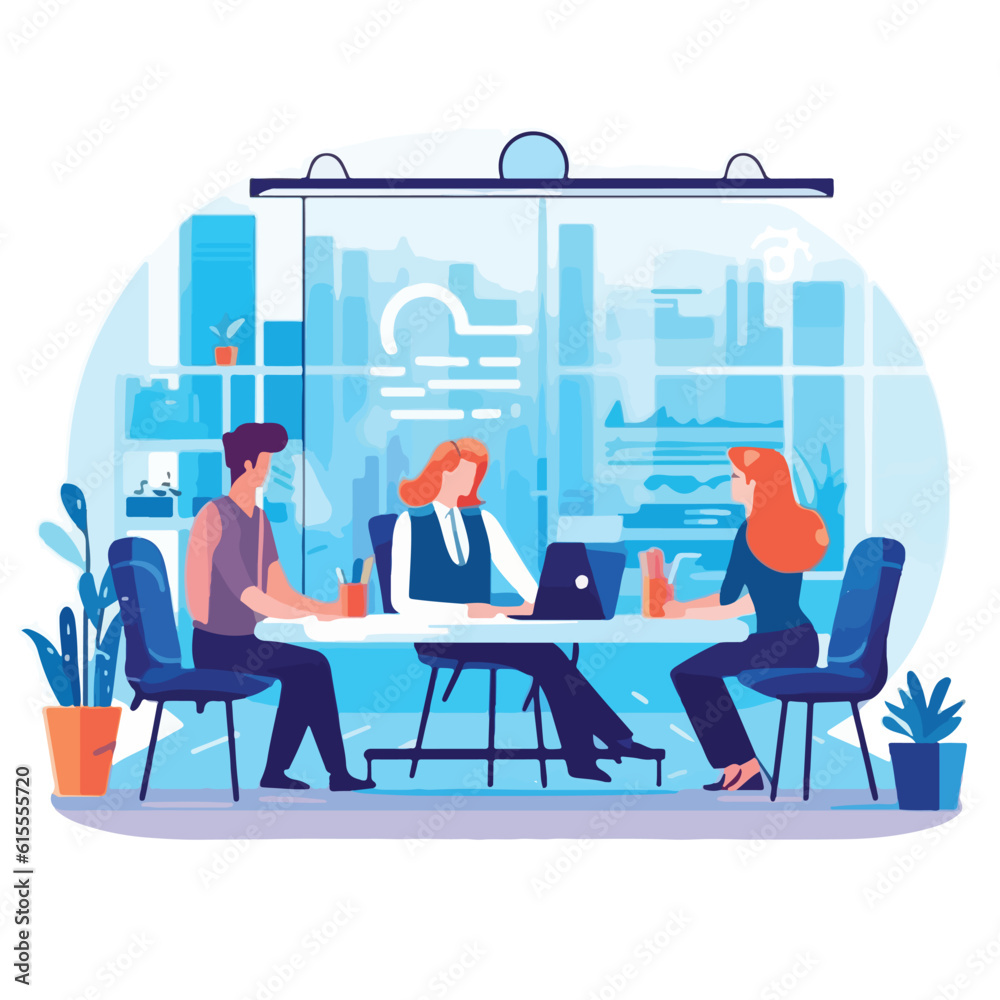 Business meeting in the office. Vector illustration project discussion, business people analyze strategy financial concept Business meeting in the office. Vector illustration project discussion, business people analyze strategy financial concept
