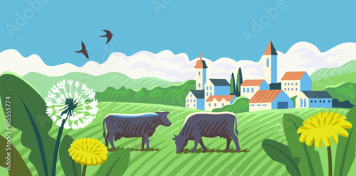 Cows in farm cartoon. Rural countryside landscape with meadow