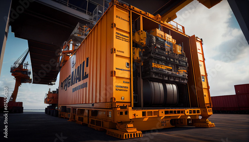 An intermodal container being precisely loaded onto a shipping vessel Ai generated image