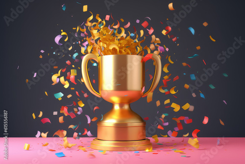 Gold metal championship trophy cup with festive multicolored flying confetti. Cute 3D icon in a cartoon plastic style in pastel colors. Generative AI 3d rendering illustration imitation.