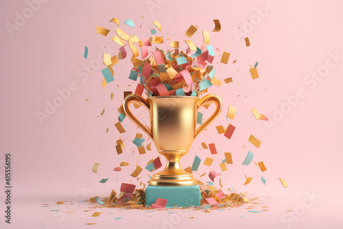 Gold championship trophy cup with festive multicolored flying confetti on flat pink color. Cute 3D icon in a cartoon plastic style in pastel colors. Generative AI 3d rendering illustration imitation.