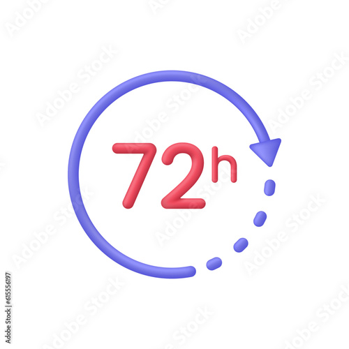 3D alarm clock 72 hours icon. Support service, working hours, delivery concept. Passage of time.