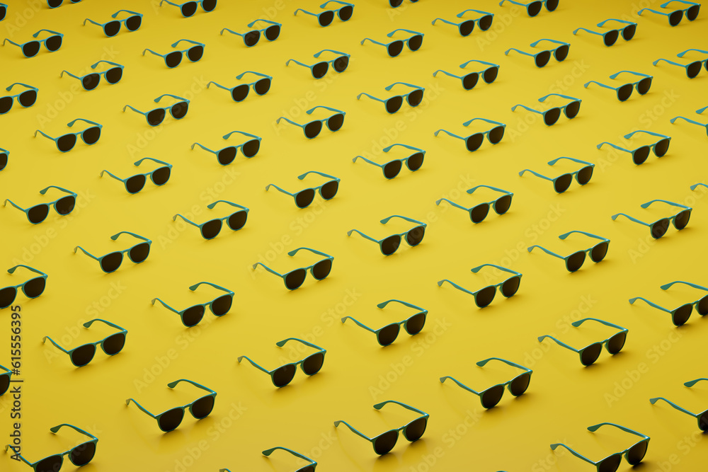 Many 3D rendered Sunglasses over Yellow Background