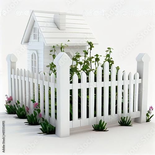 Classic white picket fence symbolizing home and garden boundary, bringing a traditional suburban feel, isolated on a white background Ai generated image