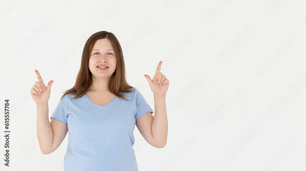 Young beautiful brunette woman pregnant expecting baby over isolated white background smiling and looking at the camera pointing with two hands and fingers up. Young beautiful brunette woman pregnant expecting baby over isolated white background smiling and looking at the camera pointing with two hands and fingers up.