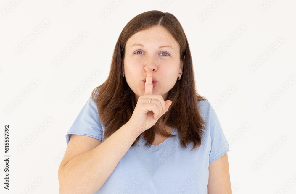 Close up photo beautiful of amazing pregnant lady hold arm hand index finger mouth lips ask stop talking tell speak say secrecy information wear casual blue t-shirt isolated white background Close up photo beautiful of amazing pregnant lady hold arm hand index finger mouth lips ask stop talking tell speak say secrecy information wear casual blue t-shirt isolated white background