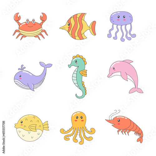 A Collection of Cute Pastel-Colored Cartoon Sea Animal Clip Art © Azharialr