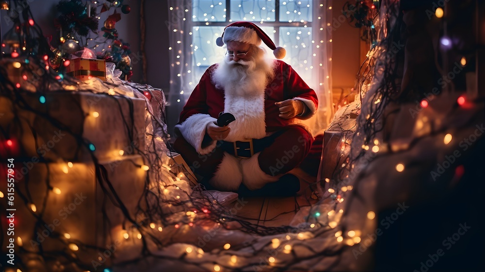 Santa Claus in the room with Christmas garlands. Generative AI