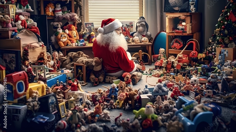 Santa Claus surrounded by numerous gifts.. Generative AI	
