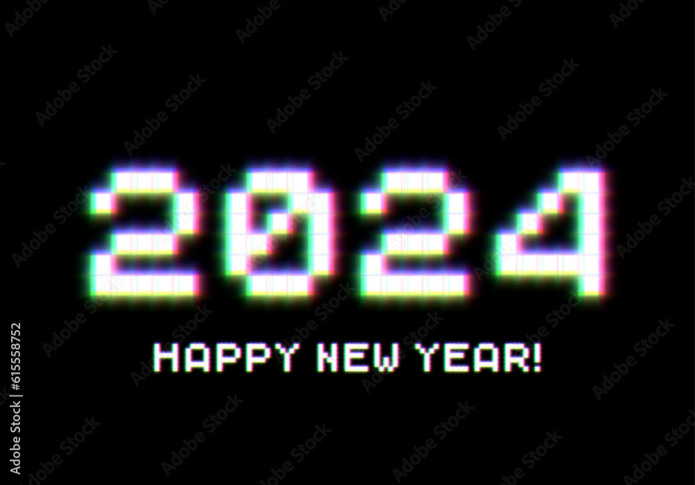 2024 New Year sign with glitched glowing pixels. Winter holiday and year change symbol. 2024 New Year sign with glitched glowing pixels. Winter holiday and year change symbol.