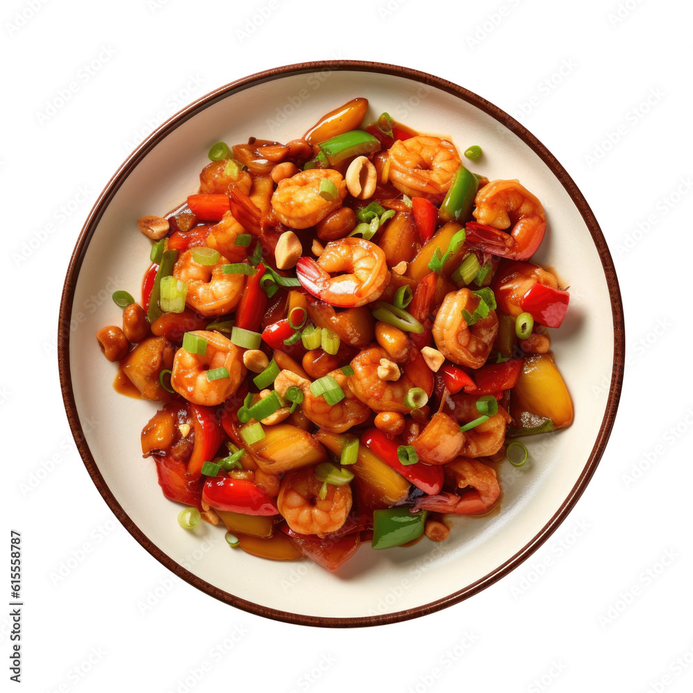 Delicious Plate of Kung Pao Shrimp Isolated on a White Background.