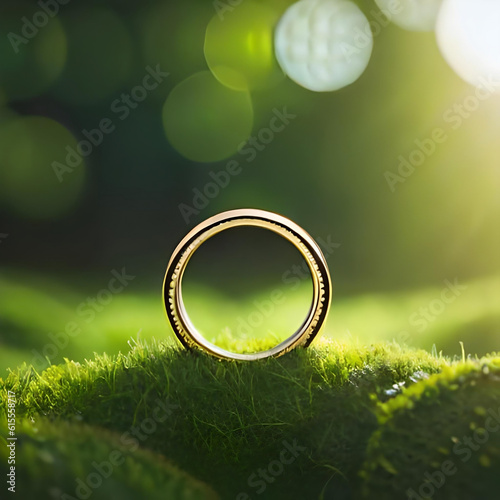 Shiny golden ring lying in grassy moss in forest photo