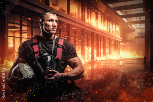 Confident and brave firefighter holding a protective helmet amidst a raging inferno inside an office building. The image evokes a strong sense of courage and determination
