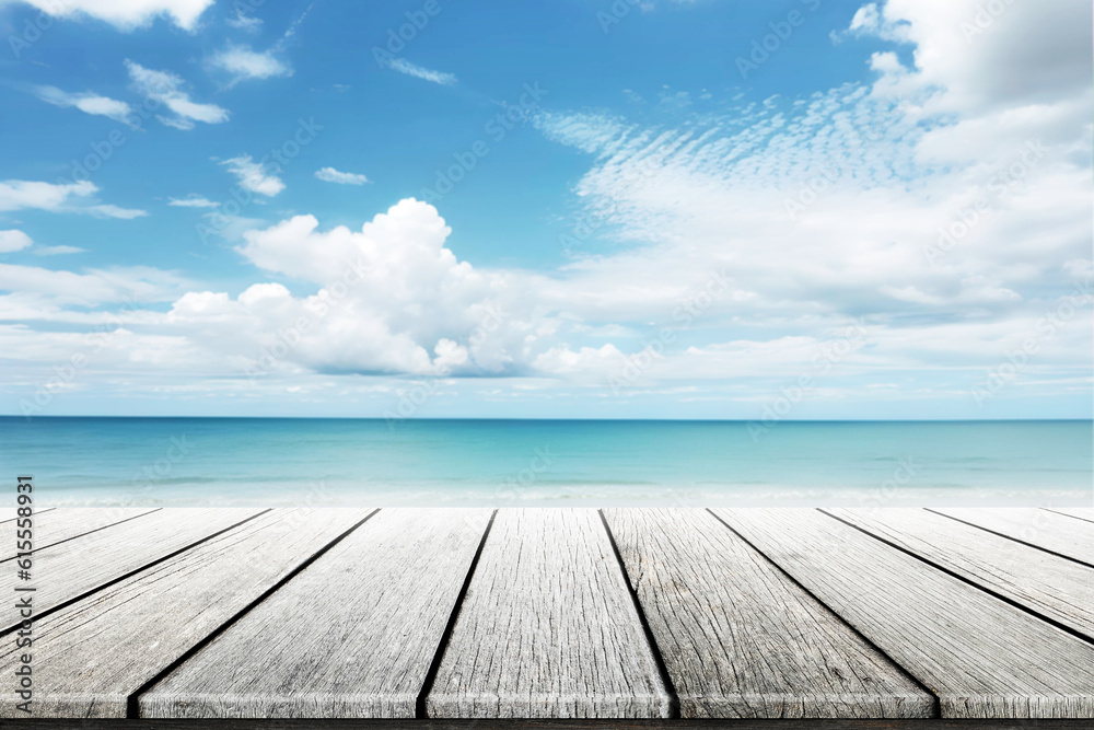 old wood table top on blurred beach background. Concept Summer, Beach, Sea, Relax.