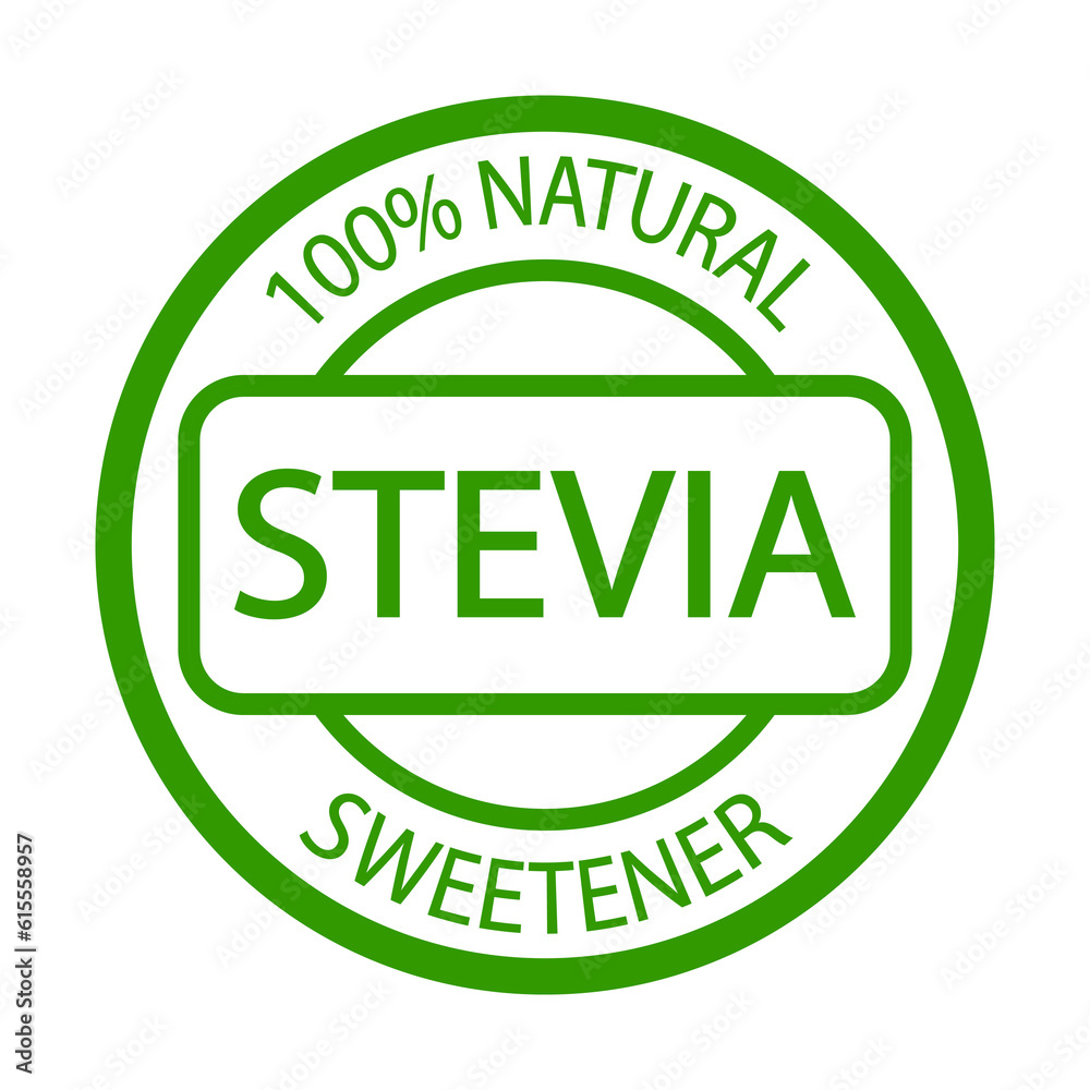 Stevia natural sweetener. Plant based vegan food product label. Green round stamp. Logo or icon. Diet. Sticker. Vegetarian. Organic Stevia natural sweetener. Plant based vegan food product label. Green round stamp. Logo or icon. Diet. Sticker. Vegetarian. Organic