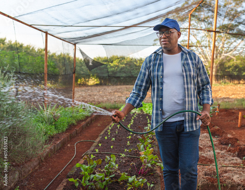 pequeno agricultor Brasileiro usando uma mangueira para molhas as plantas na estufa em uma fazenda no Brasilestufa