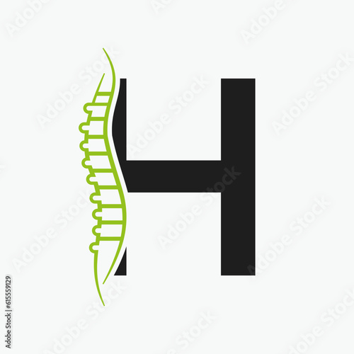 Letter H Orthopedic Health Bone Logo Design With Back Bone Icon. Bone Health Logo Sign