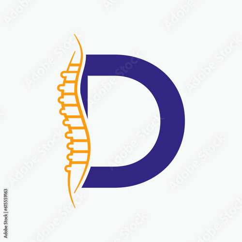 Letter D Orthopedic Health Bone Logo Design With Back Bone Icon. Bone Health Logo Sign