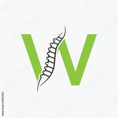 Letter W Orthopedic Health Bone Logo Design With Back Bone Icon. Bone Health Logo Sign