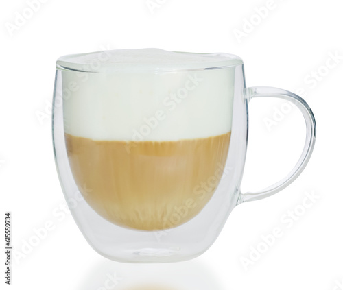 Double wall cup with cappuccino coffee and milk foam isolated on white background.