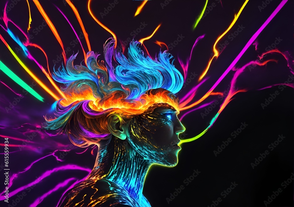 Photo of a vibrant digital painting featuring a woman with neon-colored hair Photo of a vibrant digital painting featuring a woman with neon-colored hair