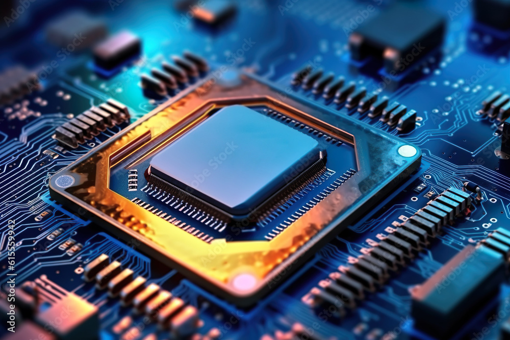 a modern microchip in a computer on a motherboard, futuristic concept of new processor technology (Generative AI) a modern microchip in a computer on a motherboard, futuristic concept of new processor technology (Generative AI)