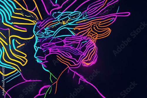 Photo of a mesmerizing neon drawing of a woman's face on a dark background