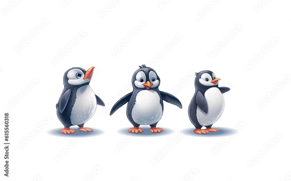 Naklejka premium Cartoon penguins in different poses with emotions on an isolated background. Vector illustration