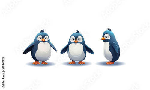 Cartoon penguins in different poses with emotions on an isolated background. Vector illustration