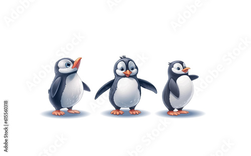 Cartoon penguins in different poses with emotions on an isolated background. Vector illustration