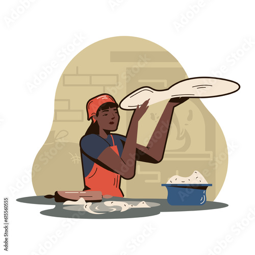 American woman in apron holding dough and twist it. Making pizza dough. Cooking with kitchenware. Pizza preparation concept. Concept of food industry. Vector illustration in warm colors