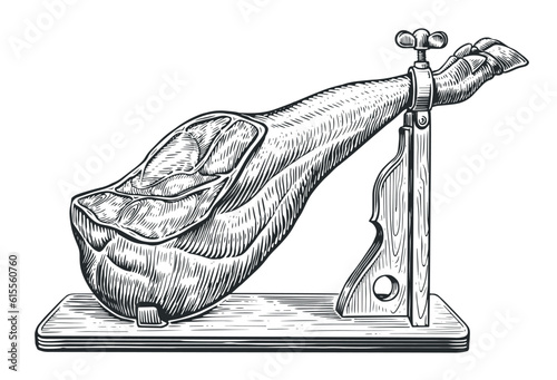 Ham leg on wooden stand. Meat farm pork sketch. Spanish jamon hand drawn engraving illustration vector