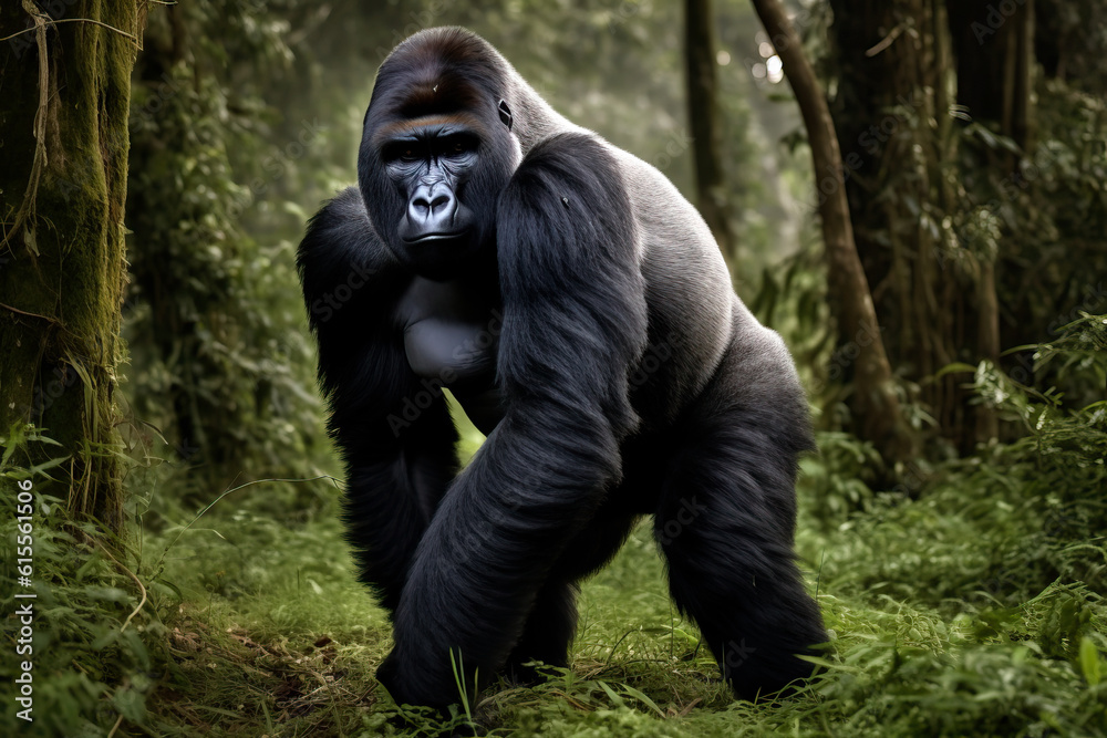 Silverback mountain gorilla standing in the rainforest. Incredible African wildlife. Generative AI